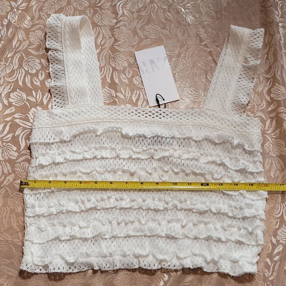 NWT Zara Cotton White Knit Ruffled Crop Top w/ Ruffle Straps Size Large - Picture 10 of 16